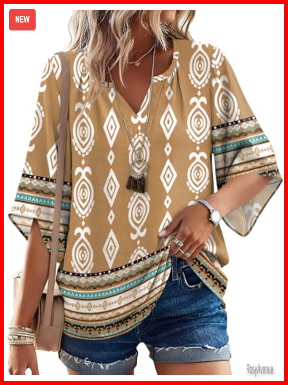 LOMON Women's 3/4 Sleeve Boho Peasant Top V Neck Loose Tunic Blouse